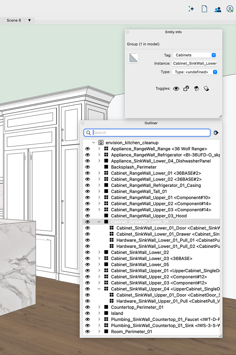 The kitchen model in SketchUp, its outliner showing every cabinet, appliance and hardware component named to a strict convention