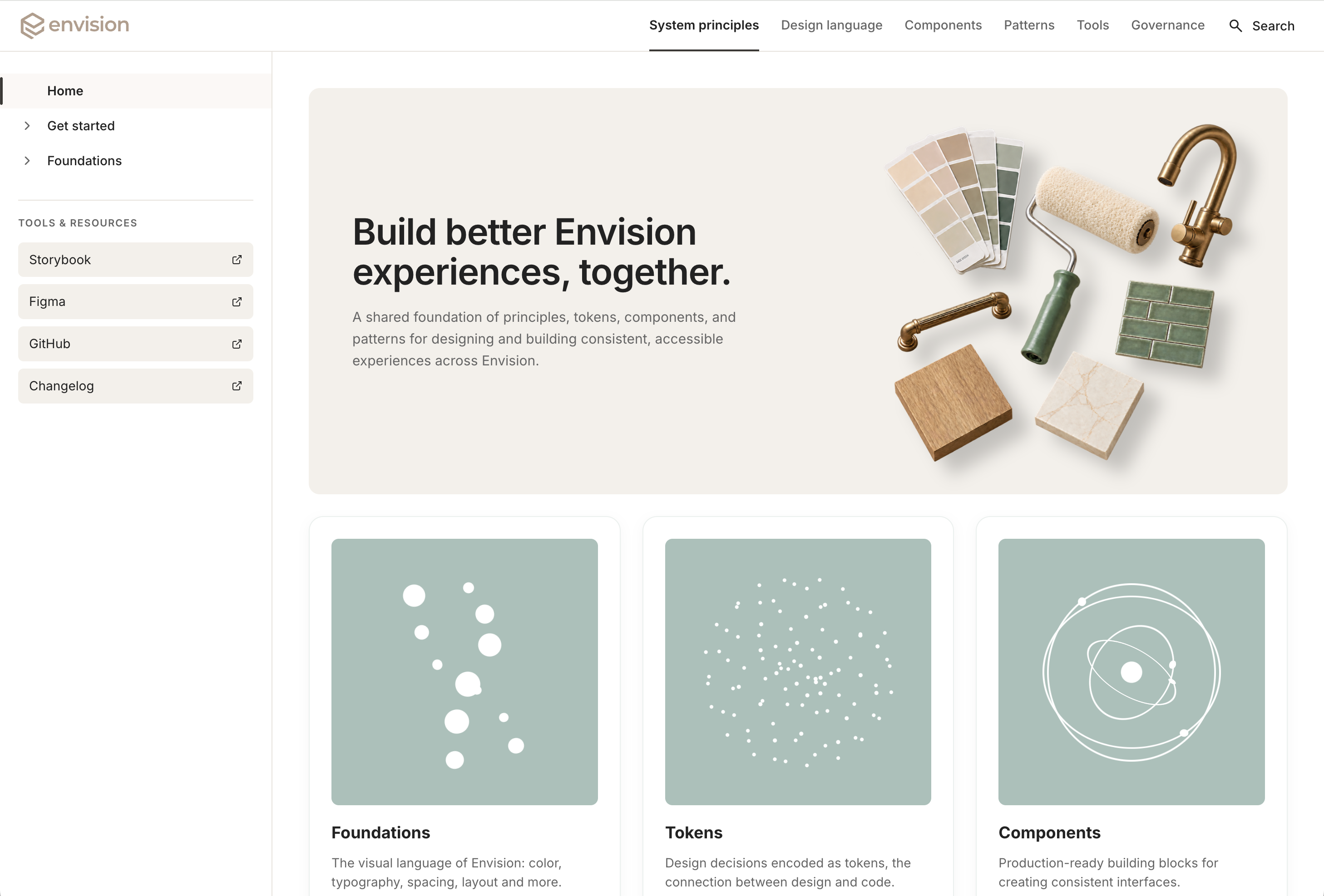 The Envision design center: system principles, design language, components and governance, with links out to Storybook, Figma and GitHub