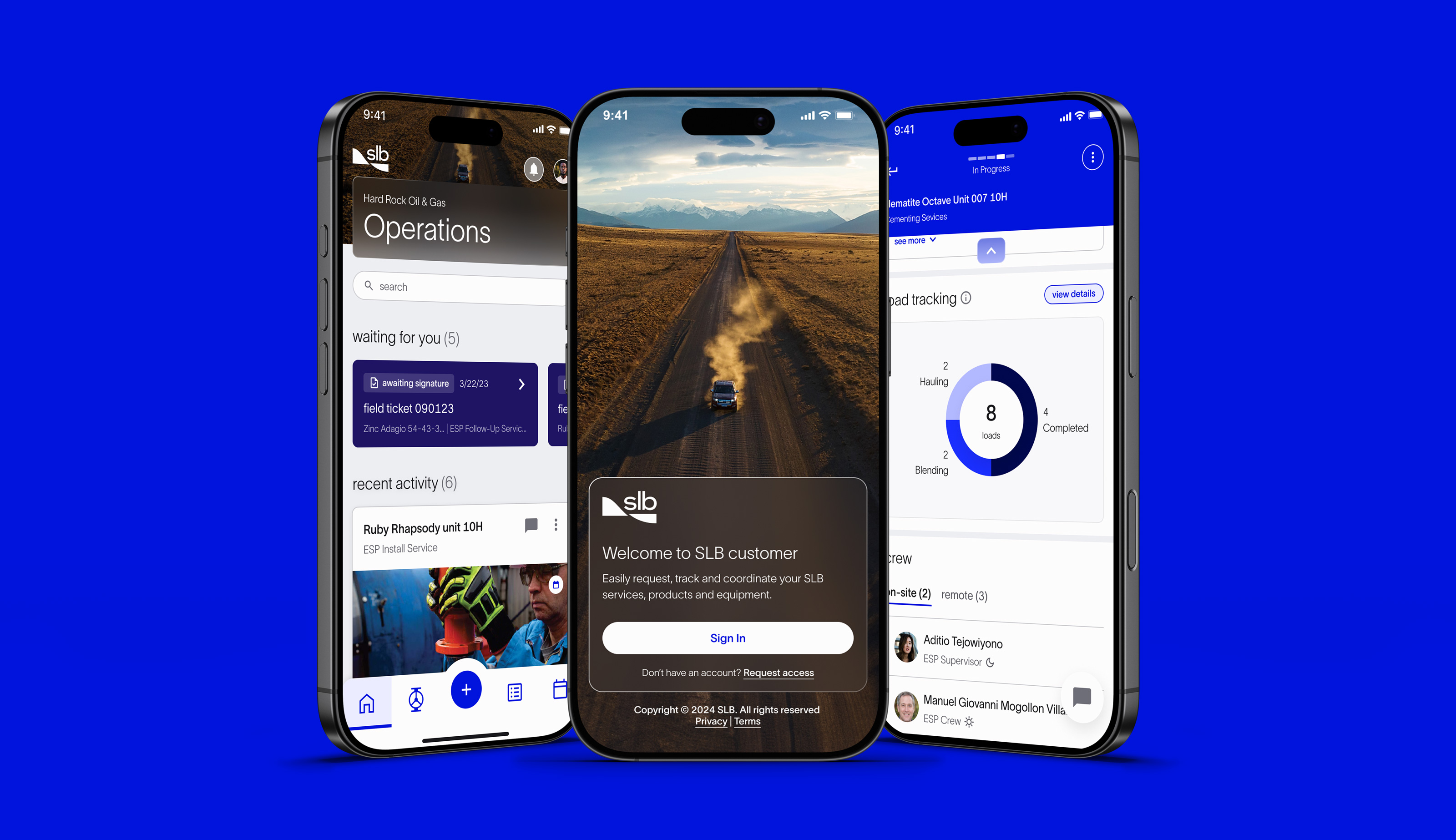 Three SLB app screens on a blue field: operations, sign-in and job tracking