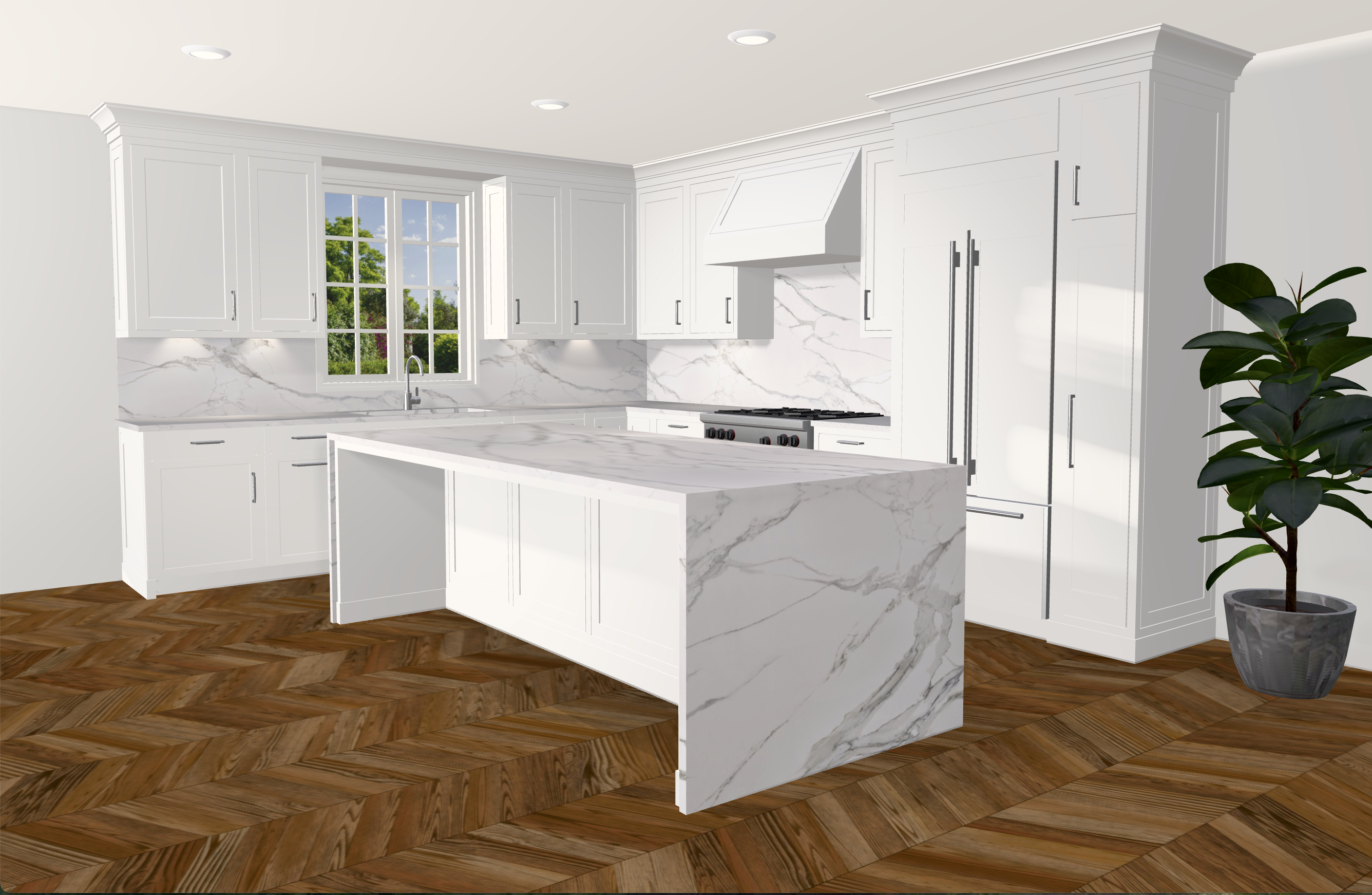 Envision kitchen design — white shaker cabinets with a marble waterfall island